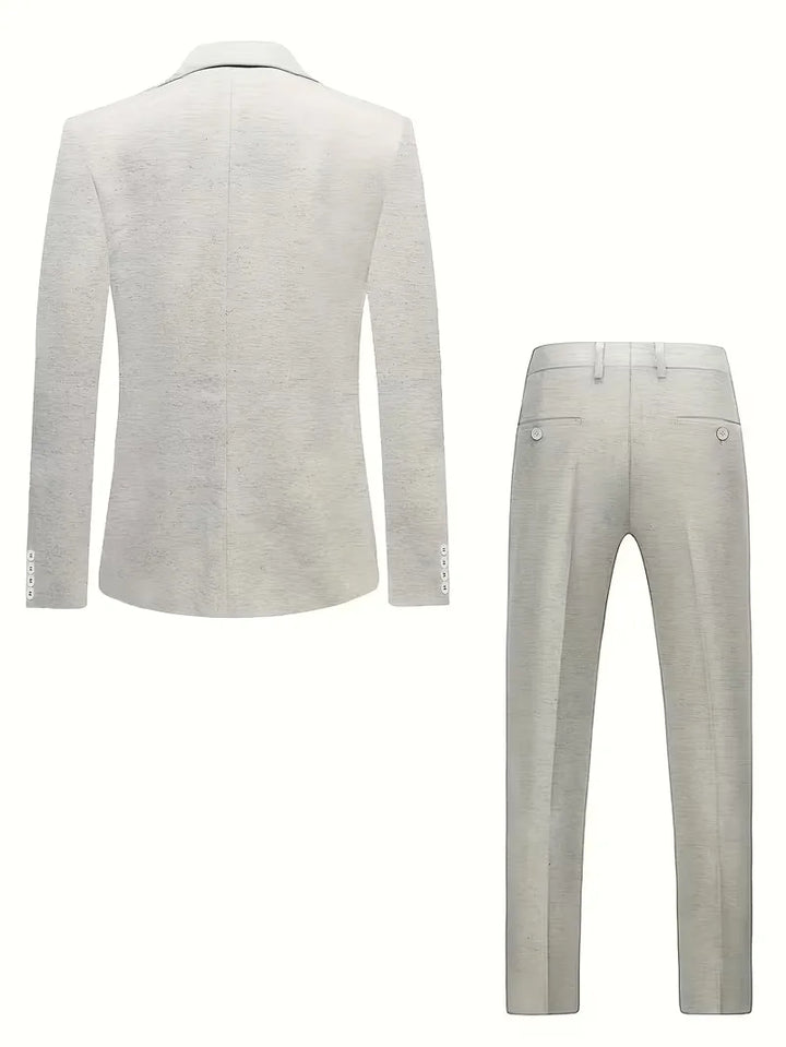 Elegant beige slim fit linnen herenpak, perfect voor zakelijke of formele gelegenheden in de zomer.