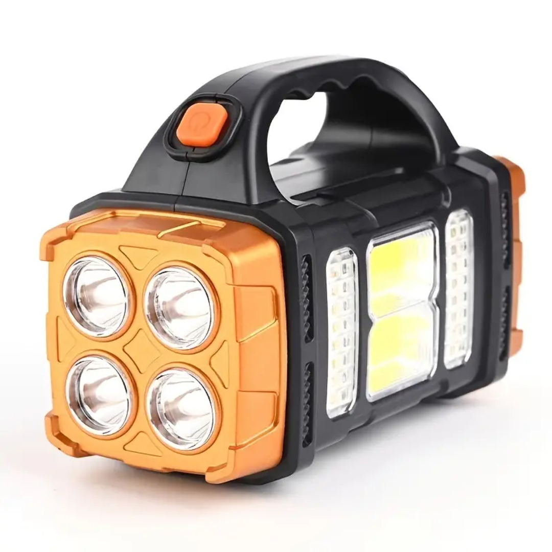 Multifunctionele noodzaklamp met geïntegreerde powerbank, oplaadbaar via zonne-energie en USB voor outdoor gebruik.