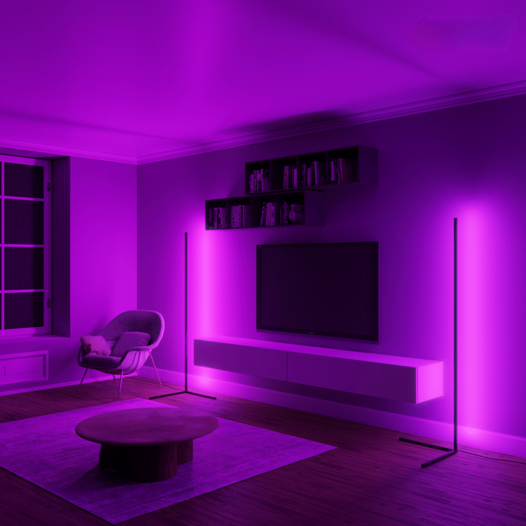 RGB LED vloerlamp, dimbaar en multi-kleur, creëert sfeer met diverse lichteffecten.
