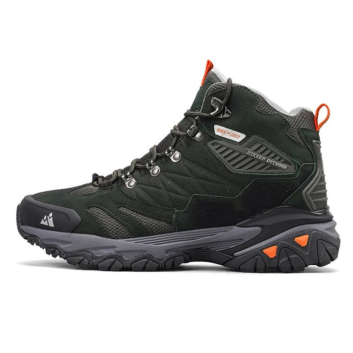 Grijze heren waterdichte trekking wandelschoenen, hoogmodel, voor comfort en avontuurlijke tochten.