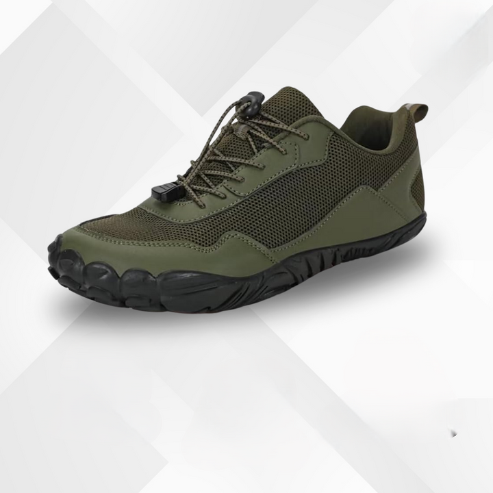 Detaillering van waterdichte heren orthopedische barefoot schoenen Lennox. Ideaal voor herfst/winter met grip en comfort.