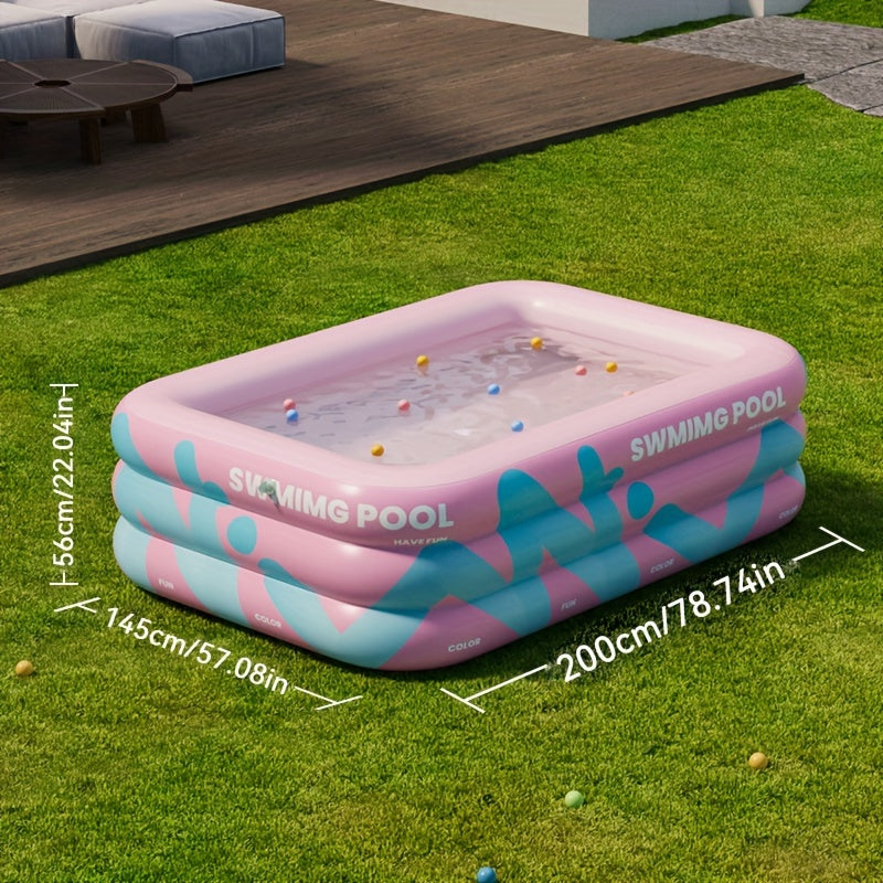 Kleurrijk opblaasbaar kinderzwembad van veilig PVC, ideaal voor urenlang speelplezier en verfrissing in de zomer.