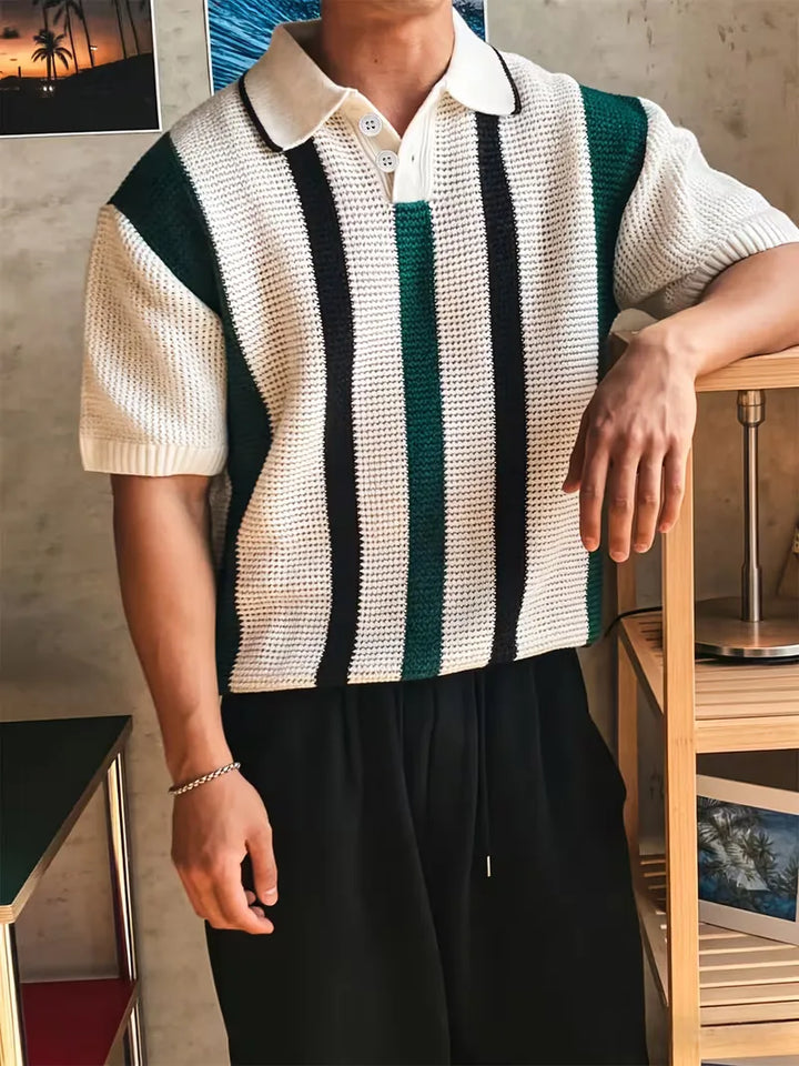 Herenpoloshirt V-hals, gebreid, korte mouwen, comfortabele lente/zomer kleding.