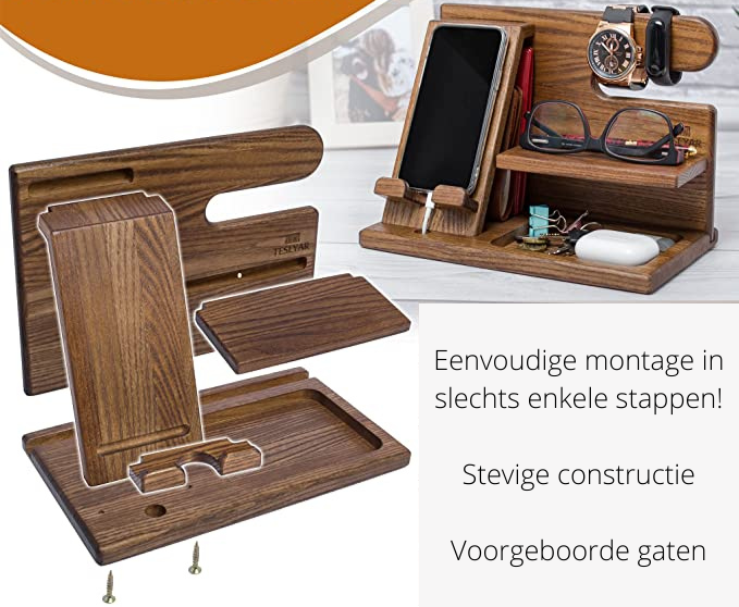 Ergonomische houten bureau organizer; perfecte opslag voor telefoon, sleutels, bril en pennen voor een opgeruimd bureau.