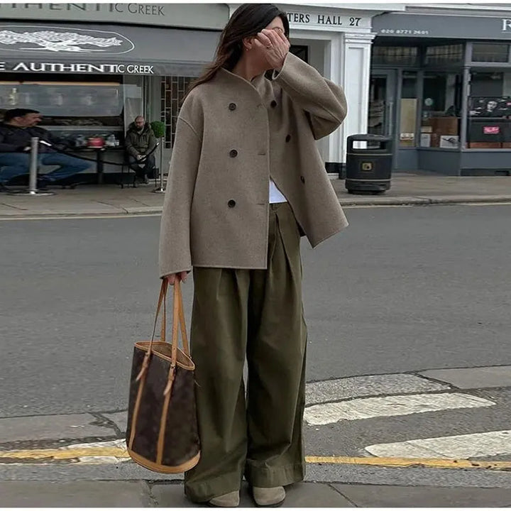 Warme outwear dames, vintage jas, dubbele rij knopen, losse pasvorm, elegant.