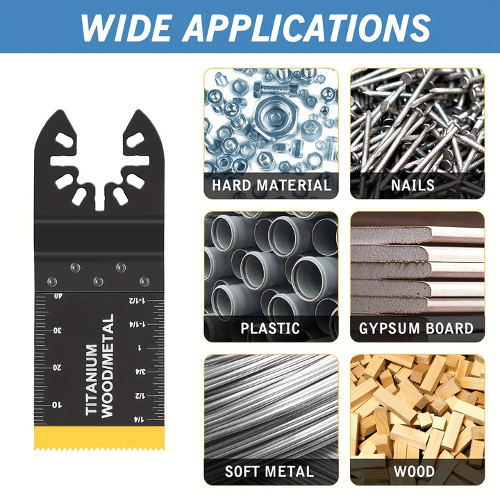 Assortiment diverse multitool zaagbladen met titanium coating, klaar voor elke klus. Duurzaam gereedschap.