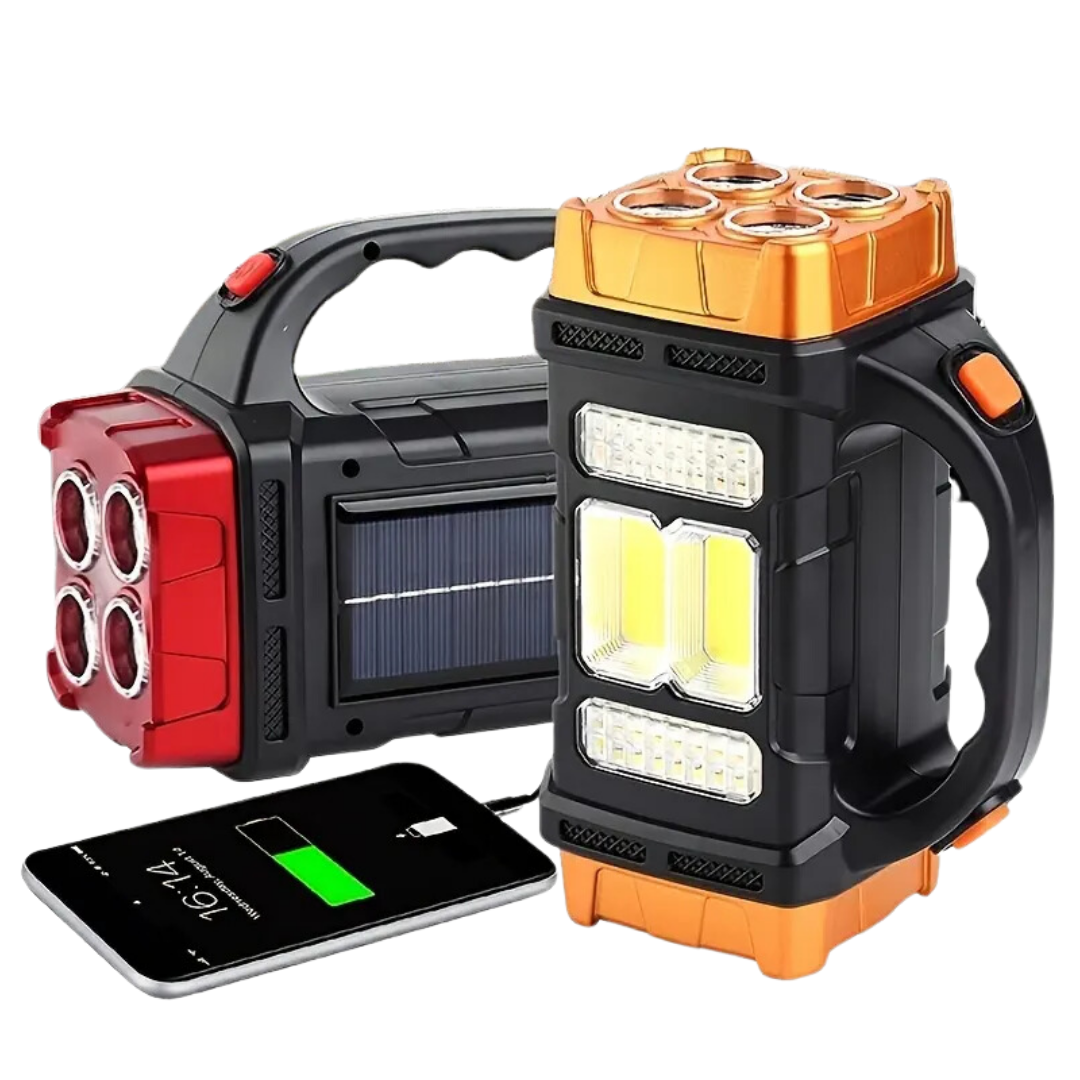 Detailfoto van de multifunctionele zaklamp, toont zonne-paneel en USB-poort voor powerbank, geschikt voor noodgevallen.