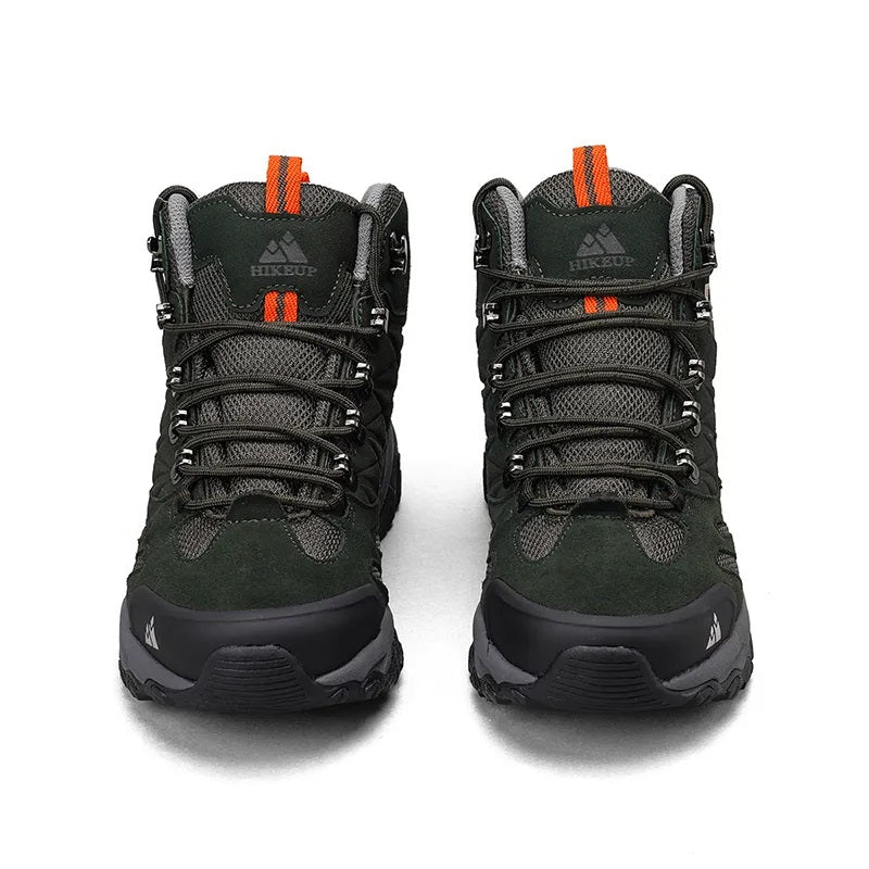 Kaki waterdichte heren wandelschoenen, hoogmodel, perfect voor avontuur en comfort op bergpaden.