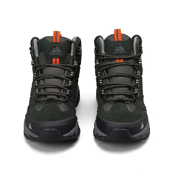 Kaki waterdichte heren wandelschoenen, hoogmodel, perfect voor avontuur en comfort op bergpaden.