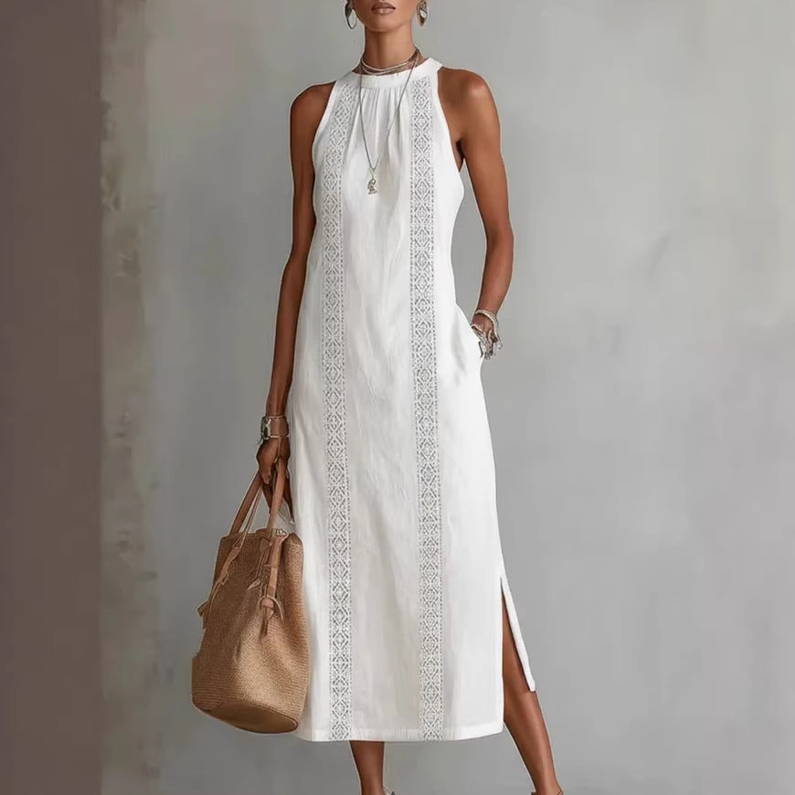 Casual dames halternek zomerjurk, type CJ26, met subtiel kanten patchwork; ideaal voor zomerse dagen.