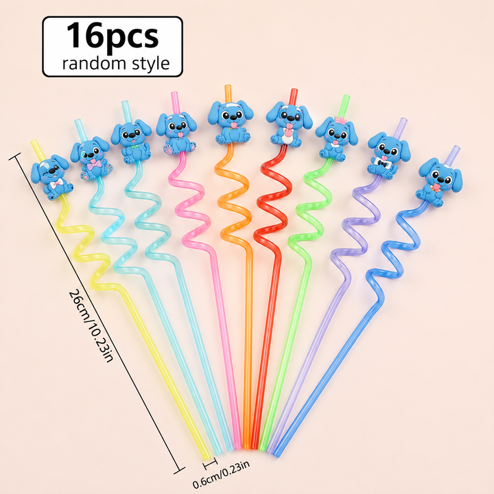 Levendige Stitch herbruikbare rietjes, set van 16 stuks. Perfecte drinkaccessoires voor elk kindvriendelijk feest.