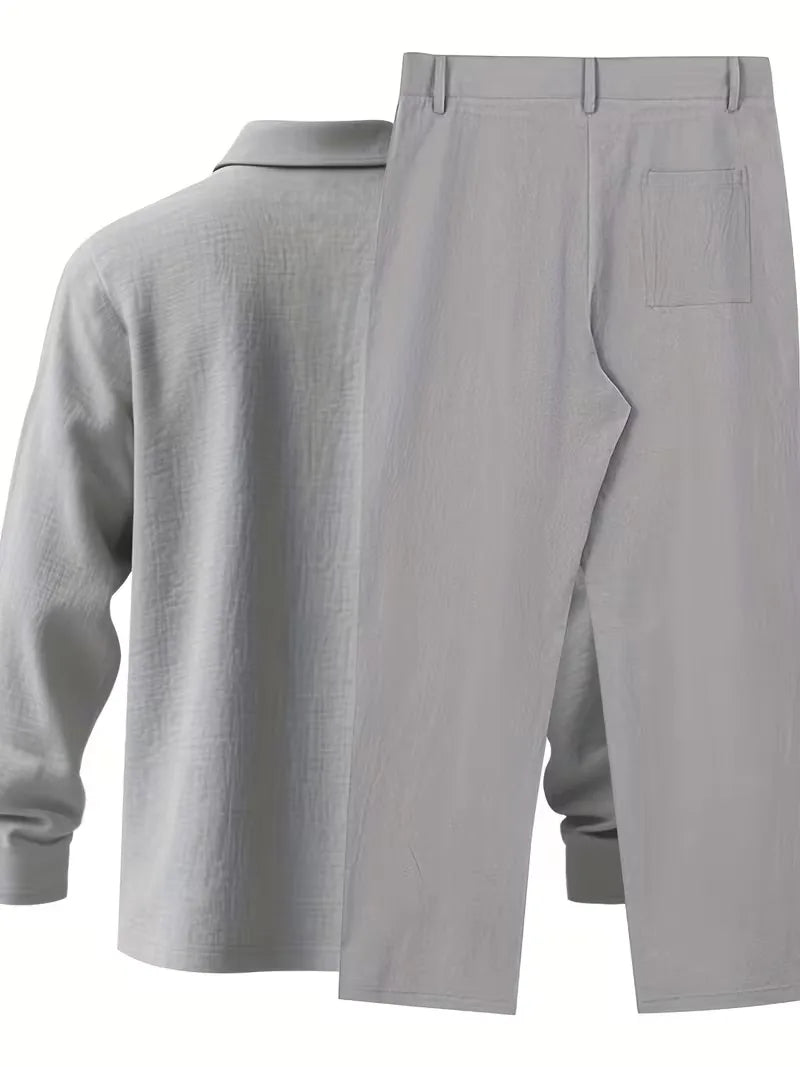 Heren linnen mandarijnkraag pak in zandkleur, perfect voor een relaxte zomerse look.