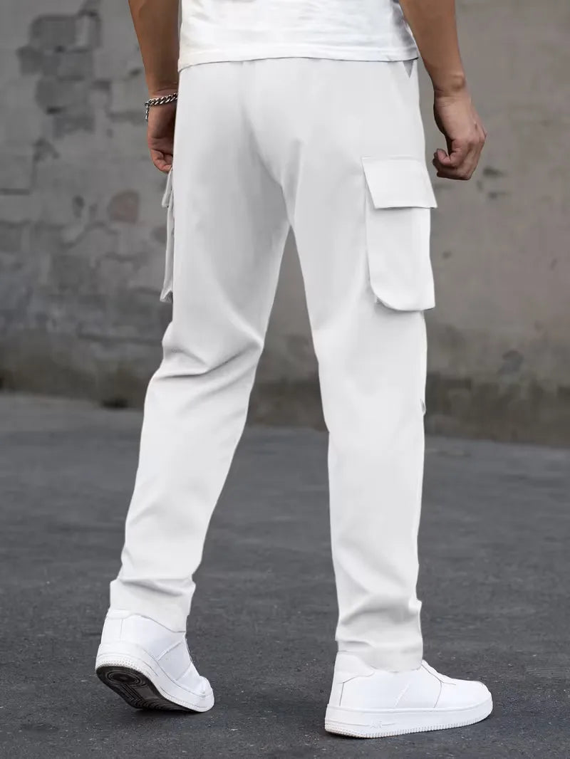 Beige cargo broek voor heren, elastische taille, streetwear stijl, lente/herfst.