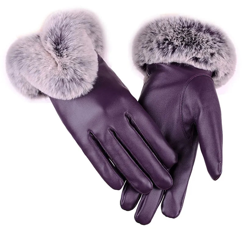 Zwarte warme dames PU leren touchscreen handschoenen voor de winter.
