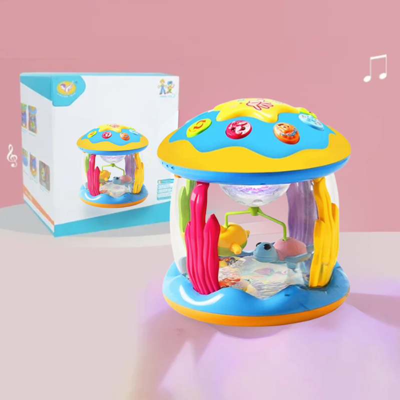 Baby's Magische Draaimolen met kleurrijke lichtjes en rustgevende muziek, ideaal voor sensorische ontwikkeling.