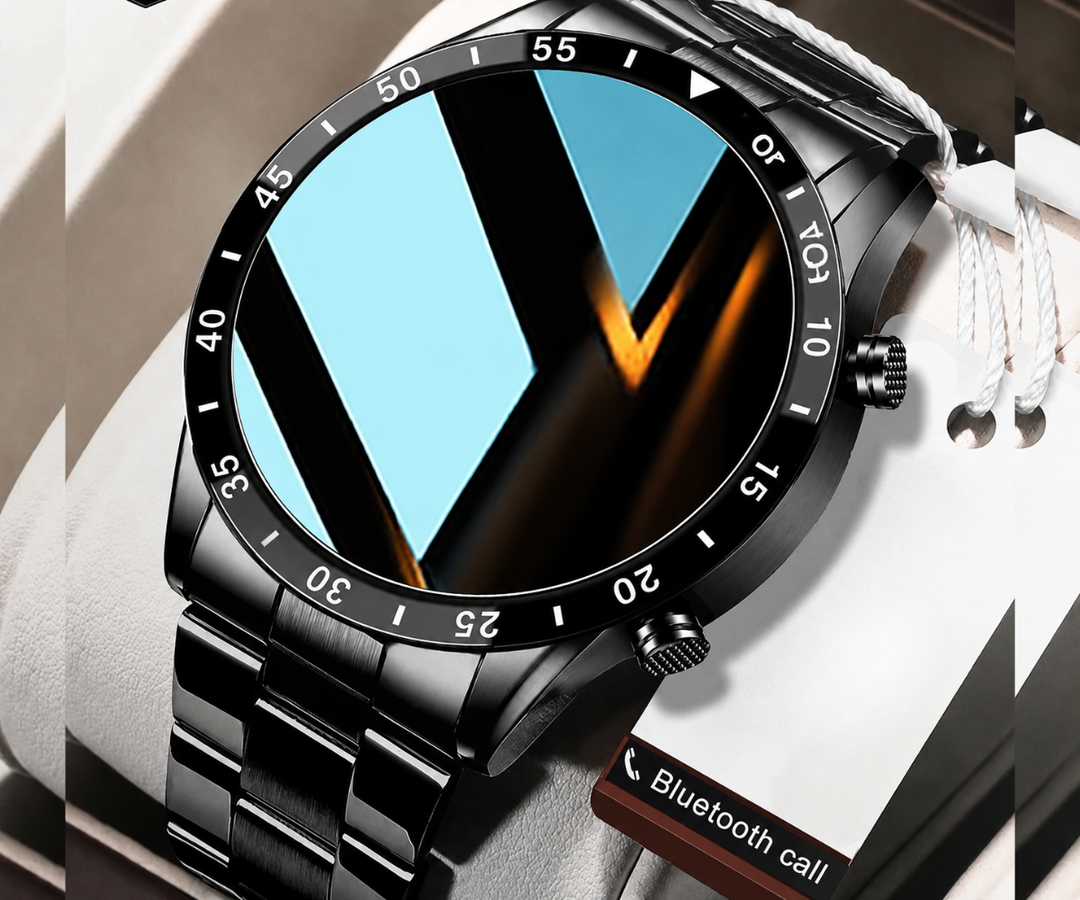 Elegante smartwatch herenhorloge met zwarte siliconen band, geschikt voor zowel zakelijk als sportief gebruik.