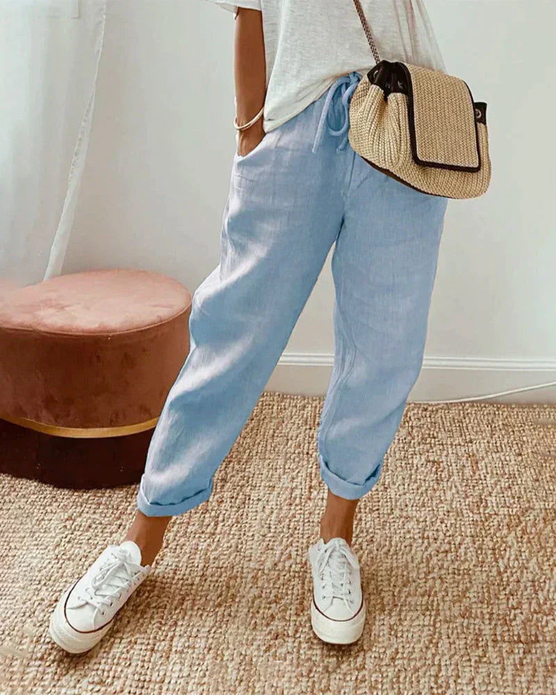 Luchtige linnen dames zomerbroek, comfortabel en ademend, perfect voor warme dagen.