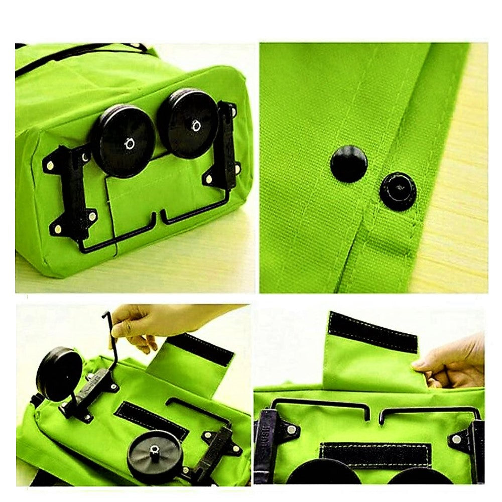 Groene opvouwbare boodschappentas met wielen, ideaal als herbruikbare trolley voor boodschappen.