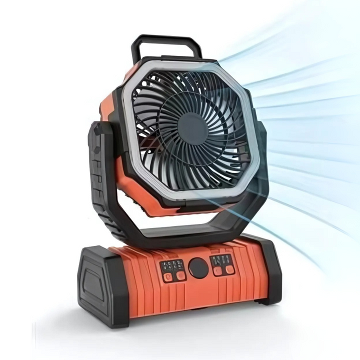 Veelzijdige 3-in-1 draadloze ventilator met LED lamp en powerbank, essentieel voor comfortabel kamperen.