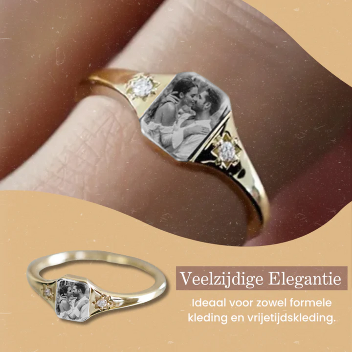 Elegante dames sentimentring, roségouden ring met ingelegde foto, ideaal als moederdag cadeau.