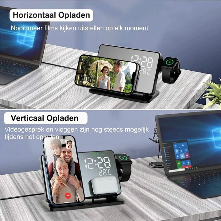 Draadloos oplaadstation met ingebouwde wekker en digitale tijdsaanduiding, perfect voor het bureau.