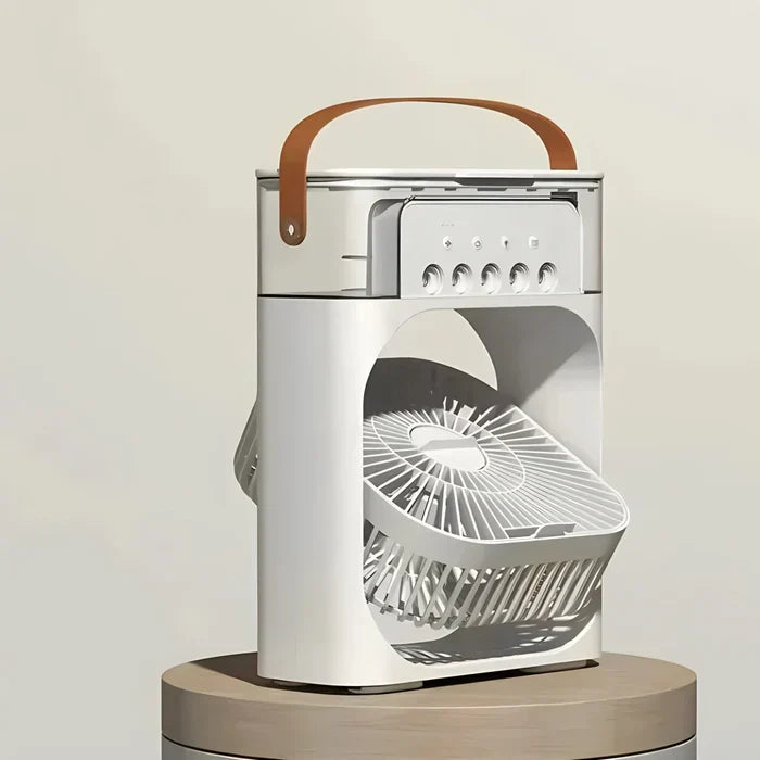 Compacte draagbare BreezeMaster Pro ventilator met sfeervolle 7-kleuren LED verlichting voor elke ruimte.