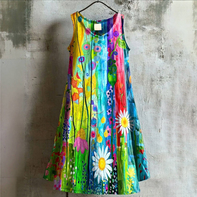 Stijlvolle dames midi zomerjurk met levendige veelkleurige bloemenprint, perfect voor een luchtige look.