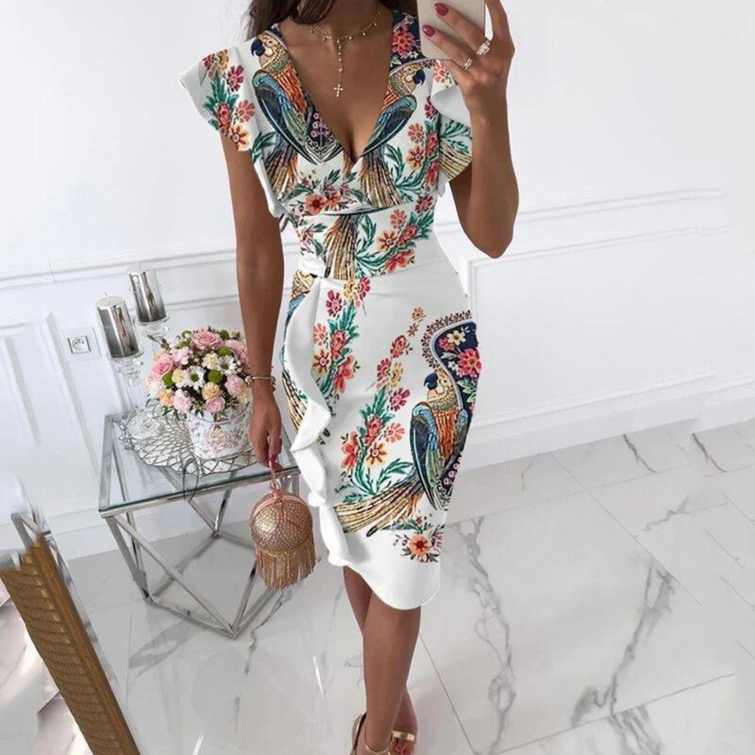 Comfortabele zomerjurk voor dames met V-hals en aangerimpelde mouwen, perfect als feestjurk.