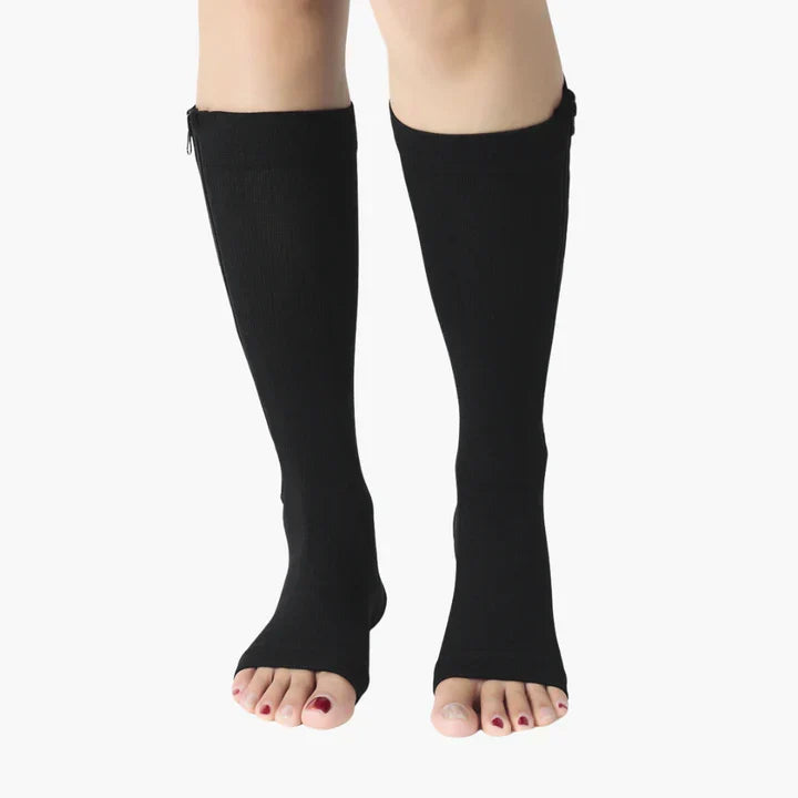 Teenloze compressiekousen met rits, unisex. Medische ondersteuning bij oedeem en zwelling, eenvoudig aan te trekken.
