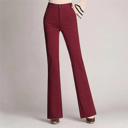 Elegante dames flare broek met hoge taille, ideaal voor zakelijk en casual. Zwarte ponte stretchbroek.