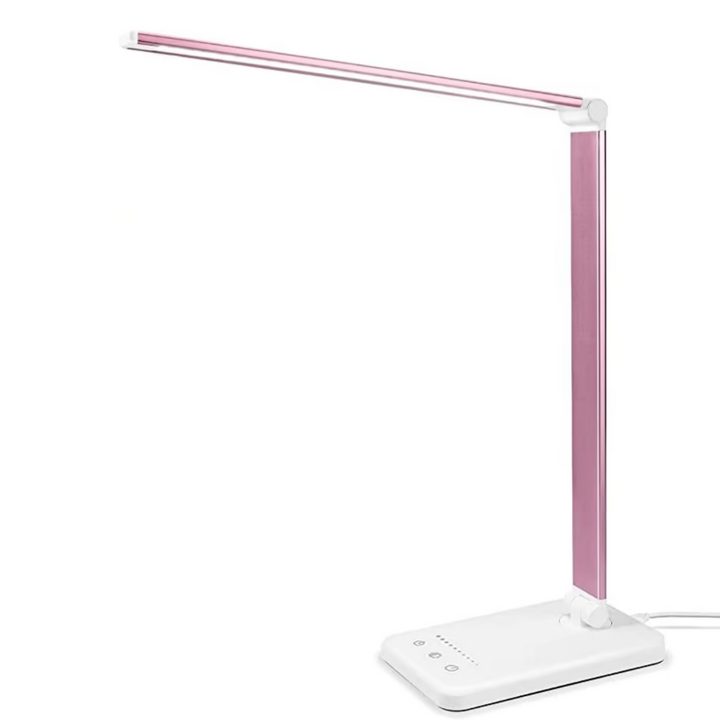 Flexibele BrightEase LED studeerlamp met oogvriendelijk licht op een bureau, ideaal voor lange studiesessies.