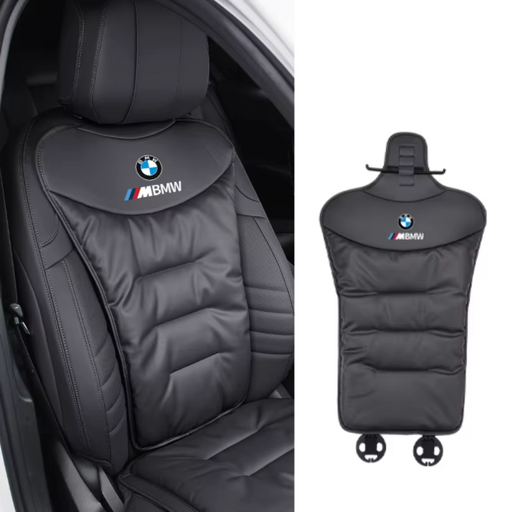 Close-up van het ademende en ergonomische auto-rugkussen; zachte stof voor comfortabel autostoelgebruik.