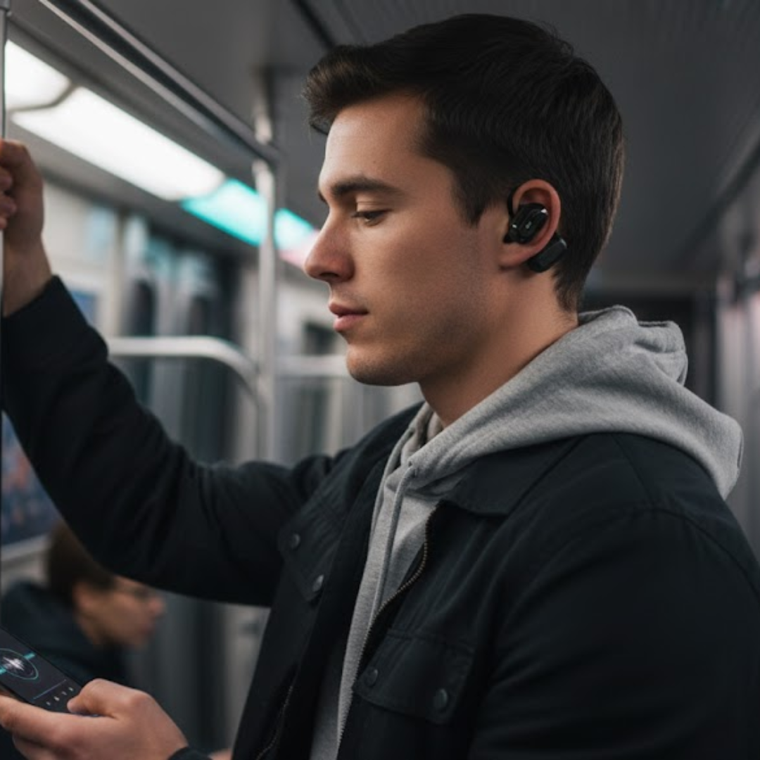 Reiziger gebruikt SmartSpeak oordopjes voor realtime vertaling, overbrugt taalbarrières tijdens vakantie.