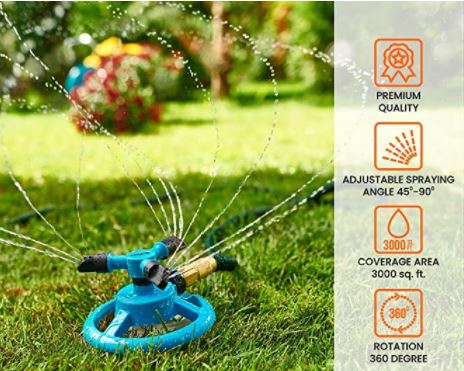 Waterbesparende tuinsproeier met instelbare sproeipatronen voor optimale gazonirrigatie en een groene tuin.