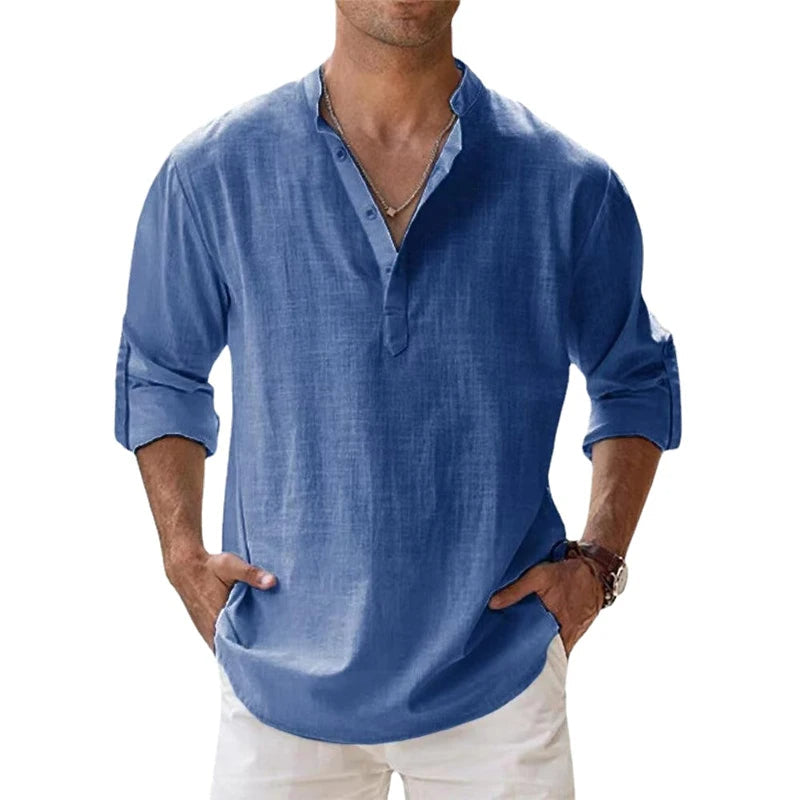 Luchtig Hoymans heren Henley overhemd met knoopjes, ideaal voor lente en zomer. Ademend en stijlvol, voor casual look.