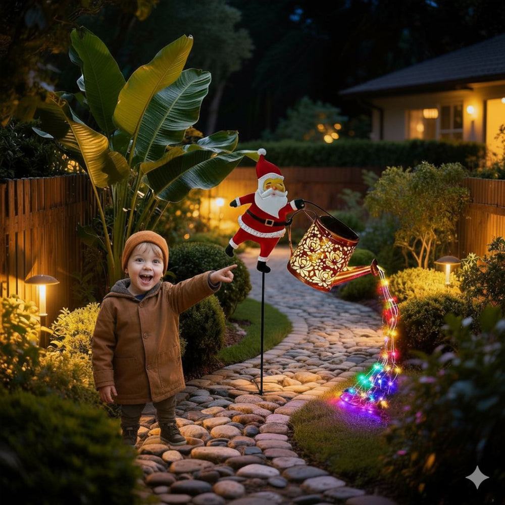 Decoratieve kerst gieter met zonnelamp buitenverlichting. Waterdichte LED lamp voor feestelijke tuindecoratie.