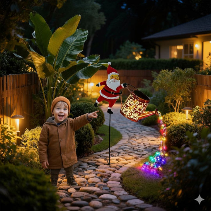 Decoratieve kerst gieter met zonnelamp buitenverlichting. Waterdichte LED lamp voor feestelijke tuindecoratie.