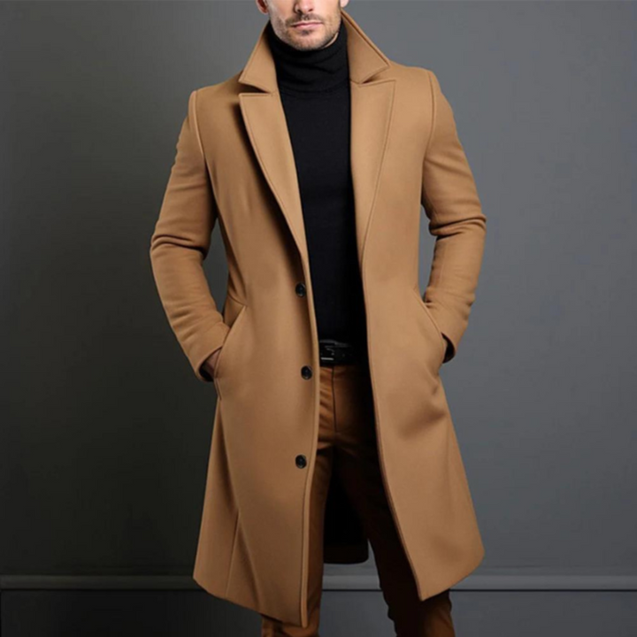 Lange heren winterjas, klassieke trenchcoat. Warme en modieuze bovenkleding voor een elegante heren look.