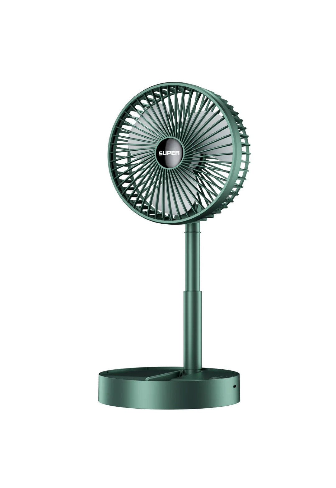 Compacte oplaadbare tafelventilator, USB-aansluiting; krachtige luchtstroom voor verkoeling.