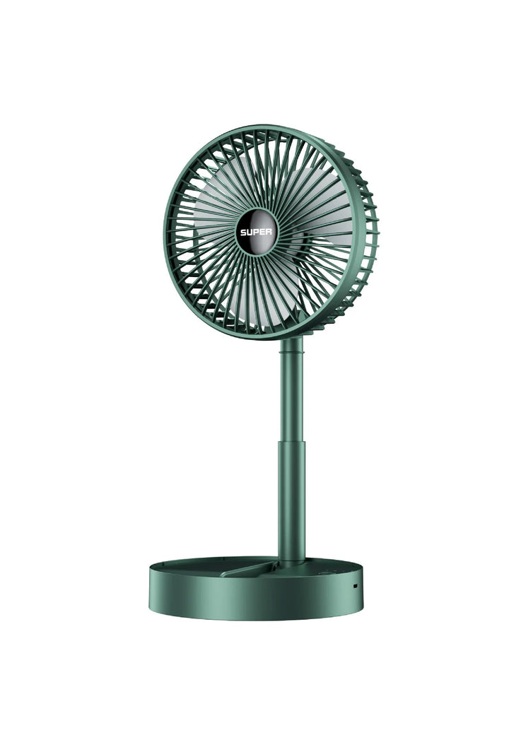 Compacte oplaadbare tafelventilator, USB-aansluiting; krachtige luchtstroom voor verkoeling.