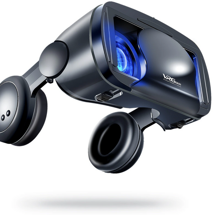 Moderne VR-bril met geïntegreerde 3D audio headset, voor een complete immersieve tech gadget ervaring.