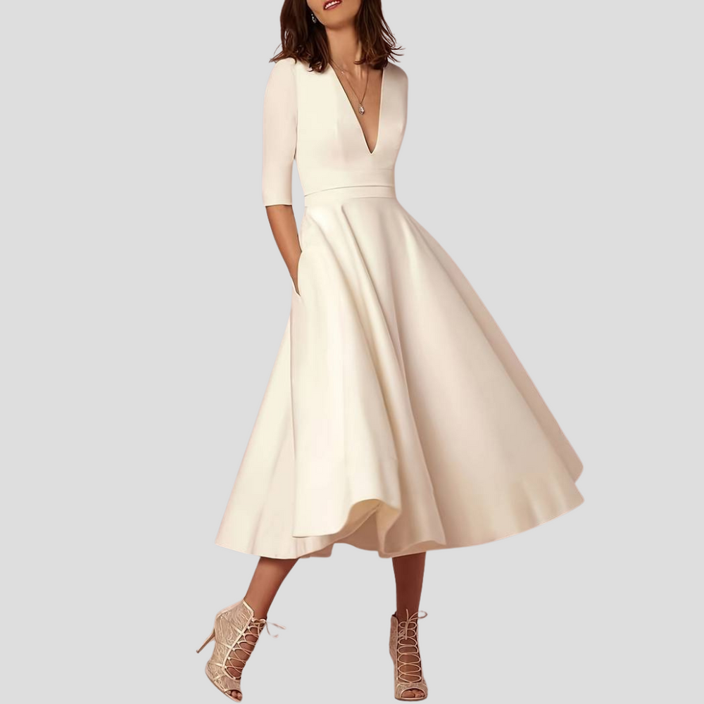 Comfortabele katoenmix mouwloze zomerjurk met V-hals en zakken voor dames, ideaal voor casual gelegenheden.