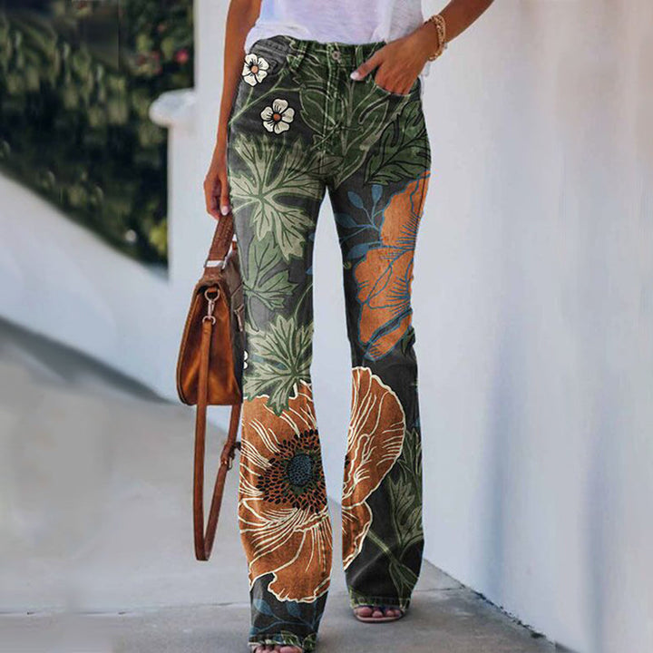 Dames broek: trendy flare-jeans met comfortabele hoge taille en 4 decoratieve knopen.
