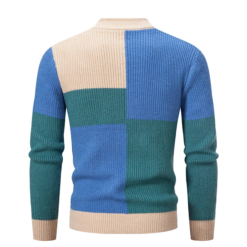 Patchwork heren trui met uniek gekleurd design. Ideaal als warme en casual herfst/winter trui.