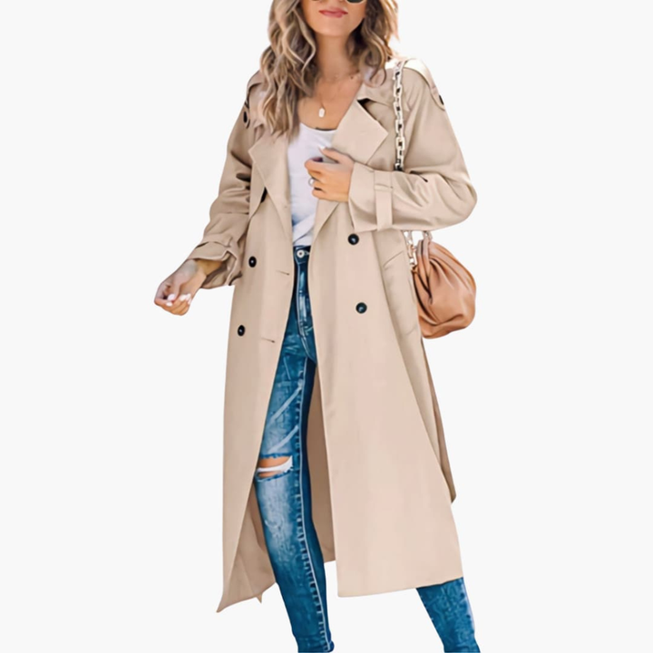 Klassieke dames trenchcoat met knoopsluiting, tijdloos en modieus. Stijlvolle bovenkleding.