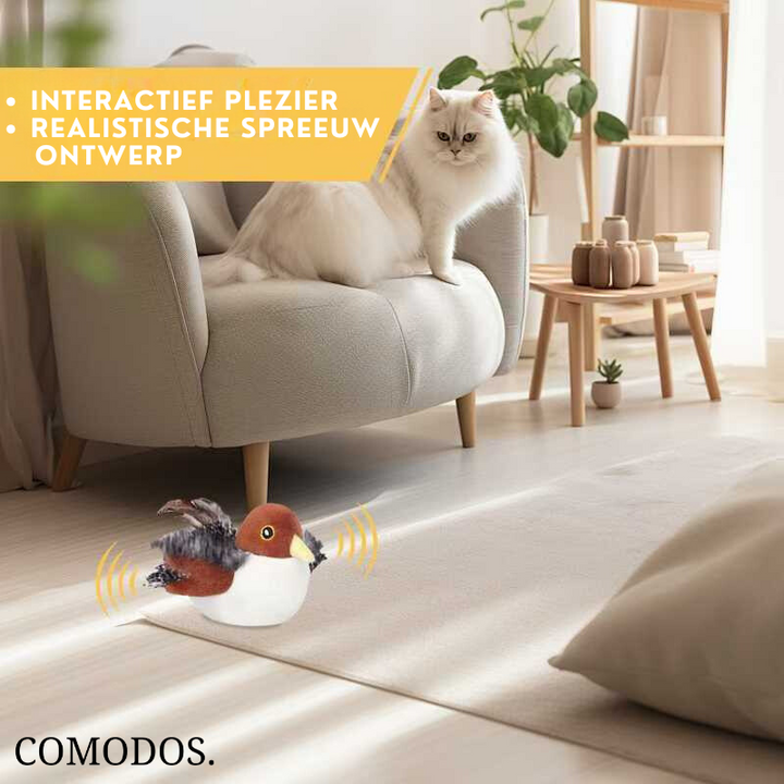 USB-oplaadbaar interactief vogel speelgoed; vermaakt katten met fladderende bewegingen en lokt speelgedrag uit.