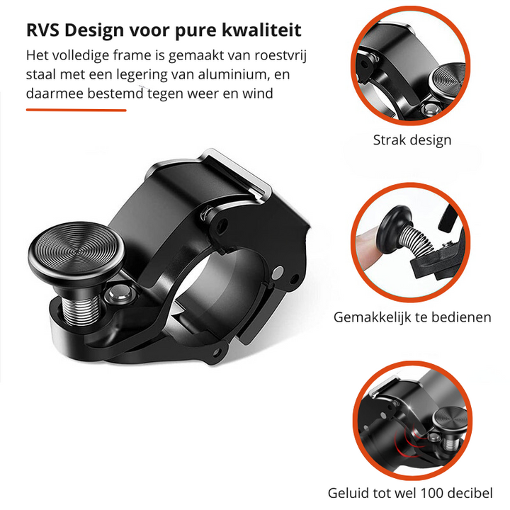 Luid klinkende BikeBlast RVS fietsbel voor optimale veiligheid tijdens het fietsen. Lichtgewicht en duurzaam.
