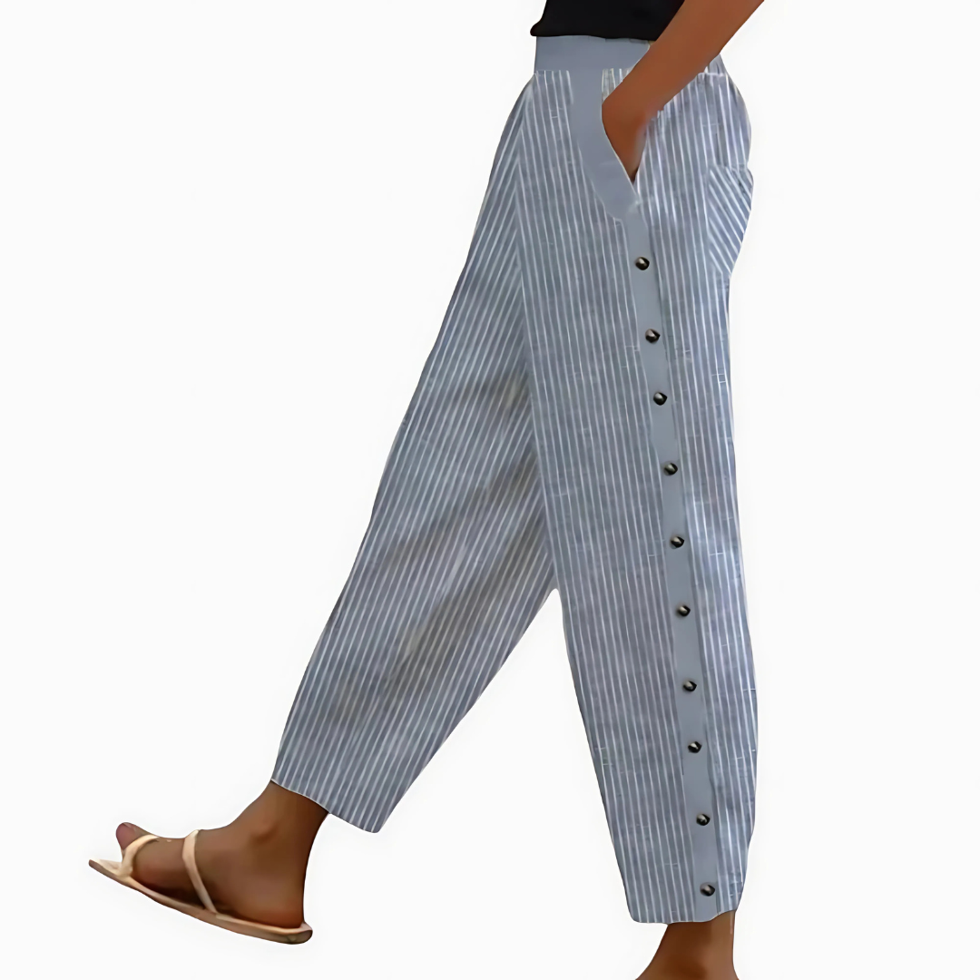 Elegante gestreepte damesbroek met rechte pasvorm van linnen-katoenmix. Ideaal voor zowel casual als zakelijke zomerlooks.