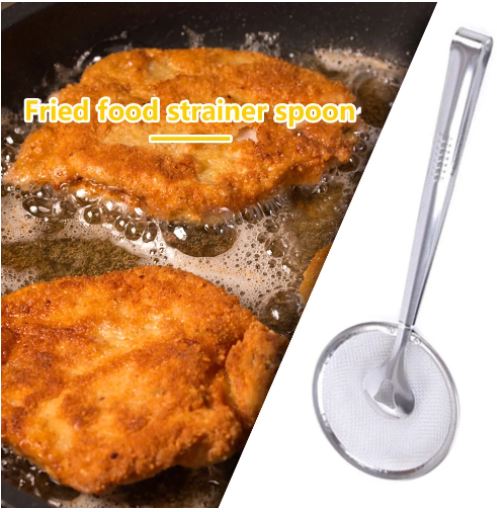 Handige 2-in-1 keukentang van RVS met fijne zeef, ideaal voor veilig frituren, koken en het afdruipen van olie.