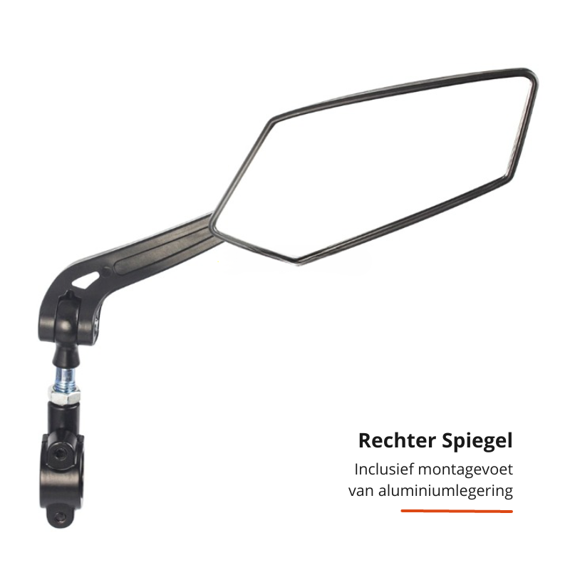 FlexiView fietsspiegel gemonteerd op stuur, klaar om veiligheid tijdens het fietsen te garanderen.